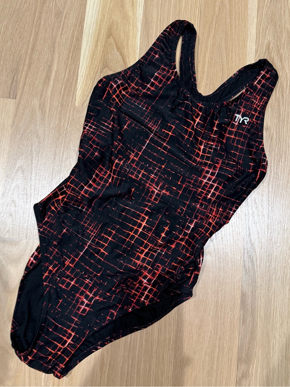 TYR Black & Red Grid Print Girls' One-Piece Swimsuit SIZE 36 / Large